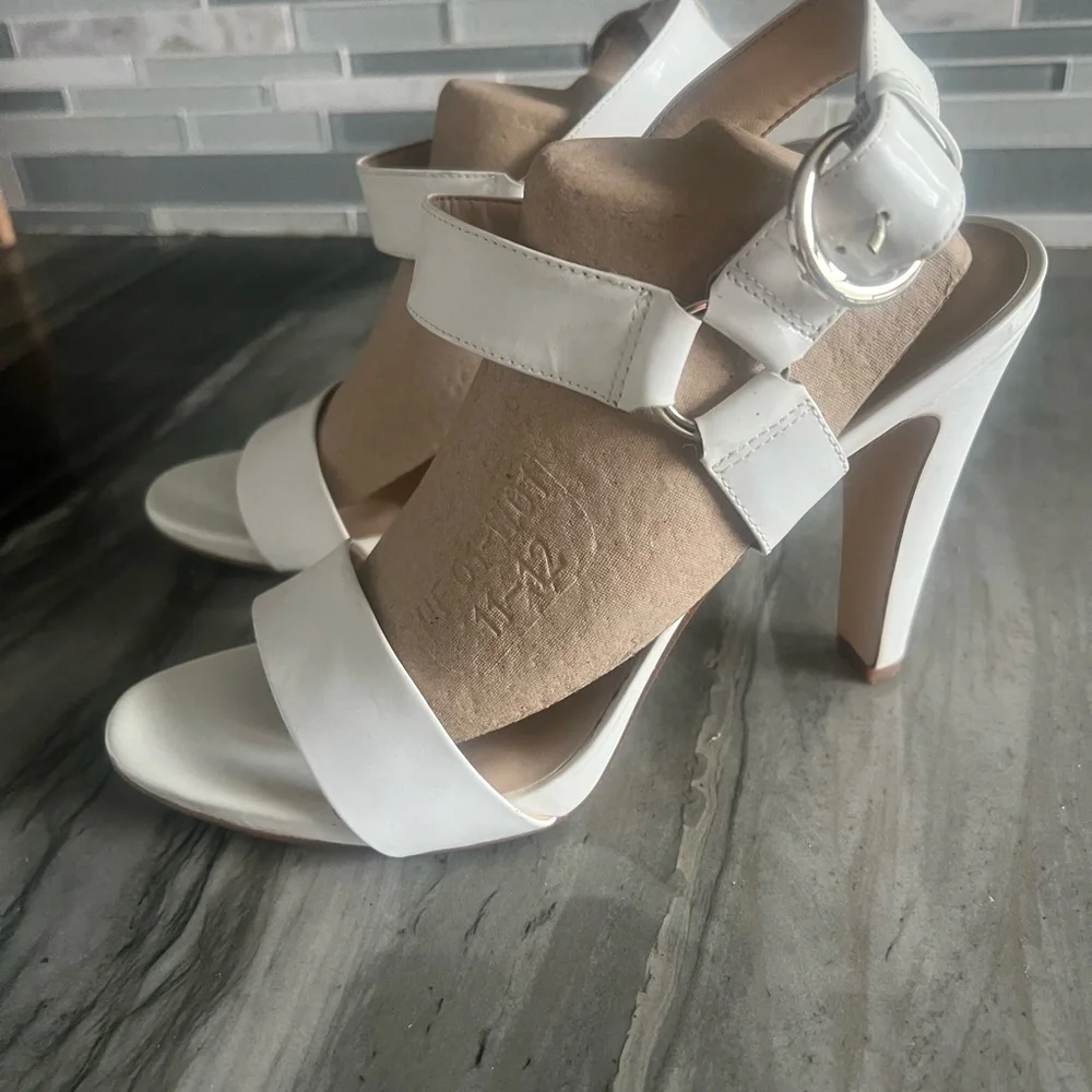 Karl Lagerfeld White Patent High Heel Sandals with Buckle